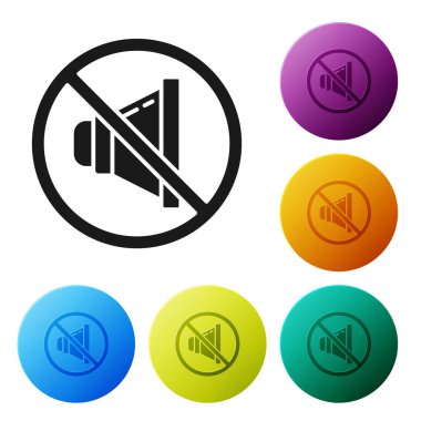 Siyah Sözcü dilsiz simgesi beyaz arkaplanda izole edildi. Ses simgesi yok. Ses Kapalı sembolü. Renkli daire düğmelerini ayarlayın. Vektör İllüstrasyonu