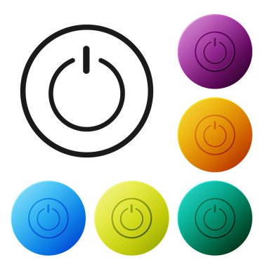 Siyah Güç simgesi beyaz arkaplanda izole edildi. Başlat işareti. Renkli daire düğmelerini ayarlayın. Vektör İllüstrasyonu