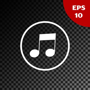 Beyaz Müzik Notası, ton simgesi şeffaf koyu arkaplanda izole edilmiş. Vektör İllüstrasyonu