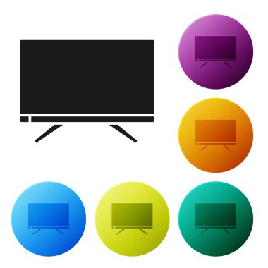 Siyah Akıllı TV simgesi beyaz arkaplanda izole edildi. Televizyon tabelası. Renkli daire düğmelerini ayarlayın. Vektör İllüstrasyonu