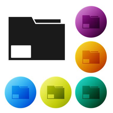 Siyah belge klasör simgesi beyaz arka planda yalıtılmış. Muhasebe bağlayıcı sembolü. Defter tutma yönetimi. Simgeler renkli daire düğmelerini ayarlayın. Vektör Illustration