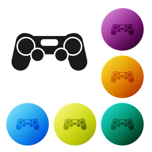 Schwarzes Gamepad-Symbol isoliert auf weißem Hintergrund. Spielkontrolle. setzen Symbole bunte Kreis-Tasten. Vektorillustration — Stockvektor