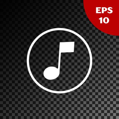 Beyaz Müzik Notası, ton simgesi şeffaf koyu arkaplanda izole edilmiş. Vektör İllüstrasyonu