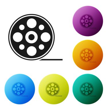 Siyah Film makarası simgesi beyaz arkaplanda izole edildi. Renkli daire düğmelerini ayarlayın. Vektör İllüstrasyonu