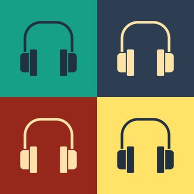 Renkli kulaklık simgesi renk arkaplanında izole edildi. Kulaklıklar. Müzik, hizmet, iletişim ve operatör konsepti. Klasik tarzda çizim. Vektör İllüstrasyonu