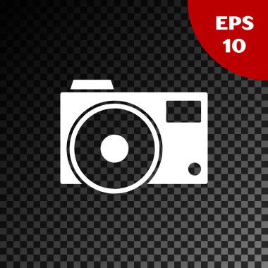 Beyaz fotoğraf kamera simgesi şeffaf koyu arka planda izole. Foto kamera simgesi. Vektör Illustration