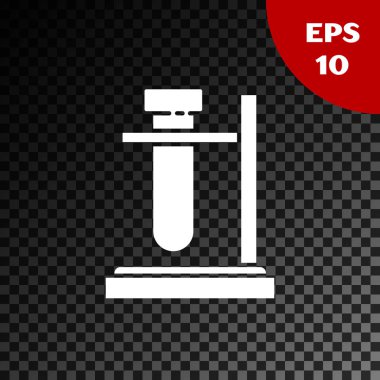 Kürsüdeki beyaz cam tüp deney tüpü simgesi şeffaf koyu arkaplanda izole edilmiş. Laboratuvar ekipmanları. Vektör İllüstrasyonu