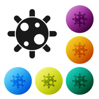 Siyah Bakteri simgesi beyaz arkaplanda izole edildi. Bakteriler ve mikroorganizmalar, sebep olan mikroorganizma hastalıkları, hücre kanseri, mikrop, virüs, mantar. Renkli daire düğmelerini ayarlayın. Vektör İllüstrasyonu