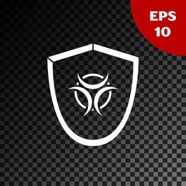 Kalkan simgesindeki beyaz biyolojik tehlike sembolü şeffaf karanlık arka planda izole edilmiş. Vektör İllüstrasyonu