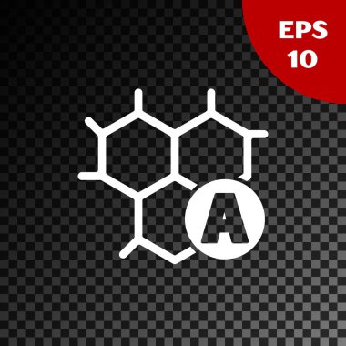 Beyaz Kimyasal Formül simgesi, şeffaf karanlık arka planda izole edildi. Yenilikçi tıp, sağlık, araştırma ve bilim için soyut altıgen. Vektör İllüstrasyonu
