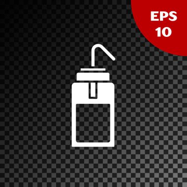 Kimya için beyaz laboratuvar yıkama şişesi ve karanlık arka planda izole edilmiş bilim laboratuarı ikonu. Su ve çözücü spreyler için ekipman. Vektör İllüstrasyonu