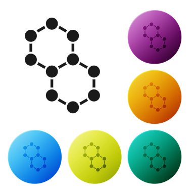 Beyaz arkaplanda siyah molekül simgesi izole edildi. Kimya moleküllerinin yapısı, fen öğretmenlerinin yenilikçi eğitim posteri. Renkli daire düğmelerini ayarlayın. Vektör İllüstrasyonu