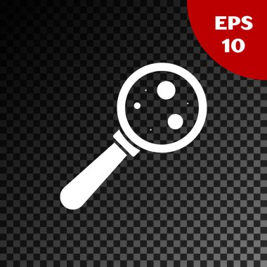 Beyaz mikroorganizmalar şeffaf karanlık arkaplanda izole edilmiş büyüteç simgesi altında. Bakteri ve mikroplar, hücre kanseri, mikrop, virüs, mantar. Vektör İllüstrasyonu