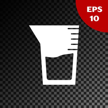 Beyaz Labaratuvar cam süslemesi ya da beher ikonu şeffaf koyu arkaplanda izole edilmiş. Vektör İllüstrasyonu