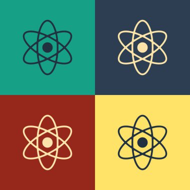Renk arkaplanında izole edilmiş renkli Atom simgesi. Bilimin, eğitimin, nükleer fiziğin, bilimsel araştırmaların sembolü. Klasik tarzda çizim. Vektör İllüstrasyonu