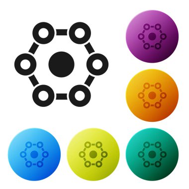 Siyah Kimyasal Formül simgesi beyaz arkaplanda izole edildi. Yenilikçi tıp, sağlık, araştırma ve bilim için soyut altıgen. Renkli daire düğmelerini ayarlayın. Vektör İllüstrasyonu