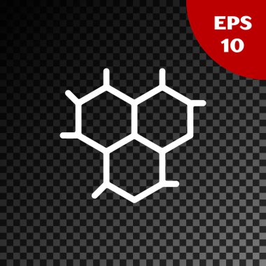 Beyaz Kimyasal Formül simgesi, şeffaf karanlık arka planda izole edildi. Yenilikçi tıp, sağlık, araştırma ve bilim için soyut altıgen. Vektör İllüstrasyonu