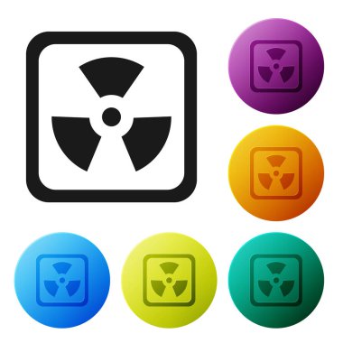 Beyaz arkaplanda siyah radyoaktif simge izole edildi. Radyoaktif zehirli sembol. Radyasyon tehlikesi işareti. Renkli daire düğmelerini ayarlayın. Vektör İllüstrasyonu