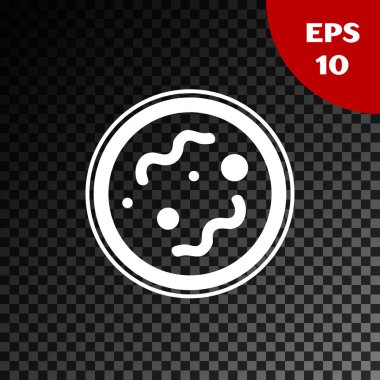 Beyaz Bakteri simgesi, şeffaf koyu arkaplanda izole edilmiş. Bakteriler ve mikroorganizmalar, sebep olan mikroorganizma hastalıkları, hücre kanseri, mikrop, virüs, mantar. Vektör İllüstrasyonu