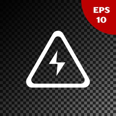 Beyaz Yüksek voltajlı işaret simgesi, şeffaf koyu arkaplanda izole edilmiş. Tehlike sembolü. Üçgendeki ok. Uyarı simgesi. Vektör İllüstrasyonu