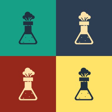 Renkli test tüpü ve kimyasal test ikonu renk arkaplanında izole edilmiş. Laboratuvar cam levhası. Klasik tarzda çizim. Vektör İllüstrasyonu