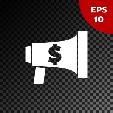 Beyaz megafon ve dolar simgesi şeffaf karanlık arka planda izole edilmiş. Yüksek sesle konuşma uyarısı. Ağızlık için megafon, terfi diye bağırıyor. Vektör İllüstrasyonu