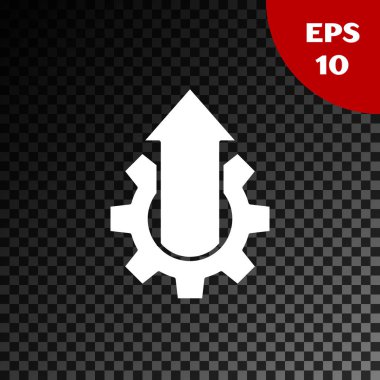 Beyaz Ok büyüme vitesi iş simgesi şeffaf karanlık arka planda izole. Üretkenlik simgesi. Vektör İllüstrasyonu