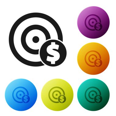 Beyaz arka planda dolar sembolü olan siyah hedef. Yatırım hedef simgesi. Başarılı iş konsepti. Nakit ya da para. Renkli daire düğmelerini ayarlayın. Vektör İllüstrasyonu