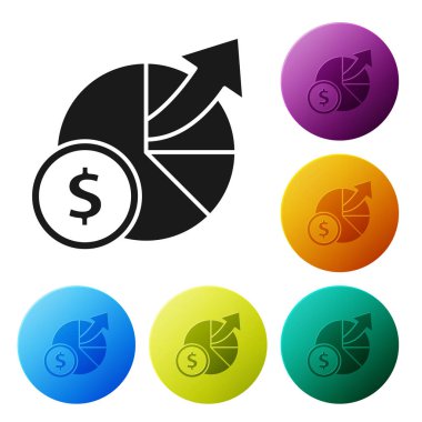 Siyah Para ve diyagram grafik simgesi beyaz arkaplanda izole edildi. Finansal analizler, bütçe planlaması, finans yöneticileri. Renkli daire düğmelerini ayarlayın. Vektör İllüstrasyonu