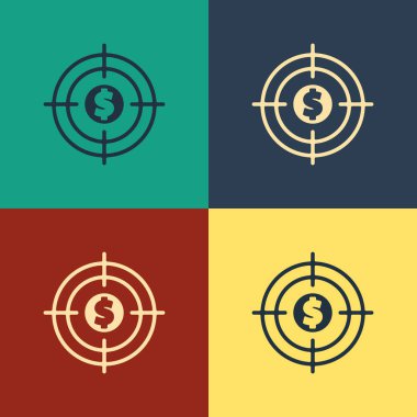 Renk arkaplanında dolar sembolü olan renk hedefi. Yatırım hedef simgesi. Başarılı iş konsepti. Nakit ya da para. Klasik tarzda çizim. Vektör İllüstrasyonu