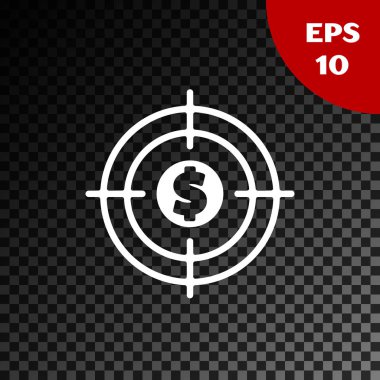 Dolar sembolü simgesi olan beyaz hedef, şeffaf karanlık arka planda izole edilmiş. Yatırım hedef simgesi. Başarılı iş konsepti. Nakit ya da para. Vektör İllüstrasyonu