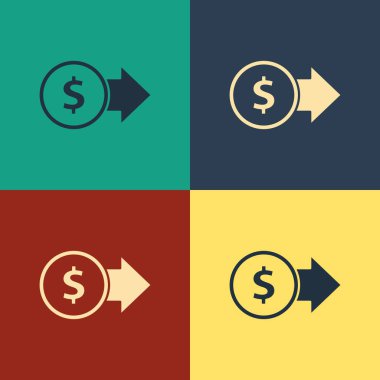 Renk arka planda yalıtılmış dolar sembolü simgesi ile Renk Sikke para. Bankacılık para birimi işareti. Nakit sembolü. Vintage tarzı çizim. Vektör İllüstrasyonu