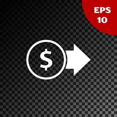 Şeffaf koyu arka planda izole dolar sembol simgesi ile beyaz sikke para. Bankacılık para birimi işareti. Nakit sembolü. Vektör Illustration