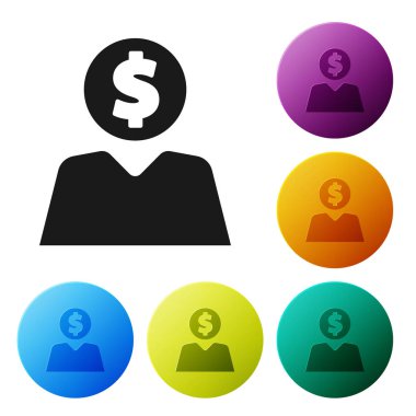 Siyah iş adamı beyaz arka planda izole edilmiş zihin ikonu planlıyor. Dolarlı insan kafası. Para kazanmak için bir fikir. Yatırım artışı. Renkli daire düğmelerini ayarlayın. Vektör İllüstrasyonu