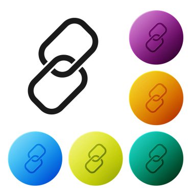 Siyah zincir bağlantısı simgesi beyaz arkaplanda izole edildi. Bağlantı bekar. Renkli daire düğmelerini ayarlayın. Vektör İllüstrasyonu