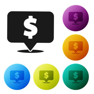 Beyaz arka planda dolar simgesi olan siyah konuşma balonu. Rozet fiyatına. Dolar sembollü indirim. Reklam etiketi indirimi. Renkli daire düğmelerini ayarlayın. Vektör İllüstrasyonu