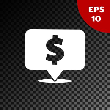 Dolarlık simgesi olan beyaz konuşma balonu şeffaf karanlık arka planda izole edilmiş. Rozet fiyatına. Dolar sembollü indirim. Reklam etiketi indirimi. Vektör İllüstrasyonu