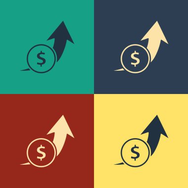 Renkli mali büyüme ve madeni para ikonu renk arkaplanında izole edilmiş. Gelirleri arttırıyorum. Klasik tarzda çizim. Vektör İllüstrasyonu