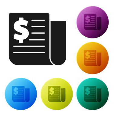 Siyah Finansal haber simgesi beyaz arka planda izole edildi. Renkli daire düğmelerini ayarlayın. Vektör İllüstrasyonu