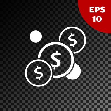 Şeffaf koyu arka planda izole dolar sembol simgesi ile beyaz sikke para. Bankacılık para birimi işareti. Nakit sembolü. Vektör Illustration