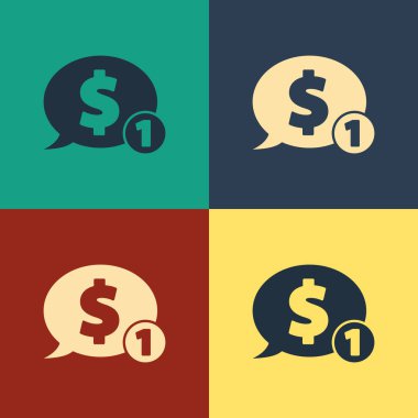 Renk arkaplanında dolar simgesi olan renkli konuşma balonu. Rozet fiyatına. Dolar sembollü indirim. Reklam etiketi indirimi. Klasik tarzda çizim. Vektör İllüstrasyonu