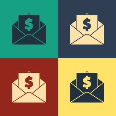 Renkli arka planda izole sikke dolar sembolü simgesi ile Renk Zarf. Maaş artışı, maaş bordrosu, tazminat geliri. Vintage tarzı çizim. Vektör İllüstrasyonu