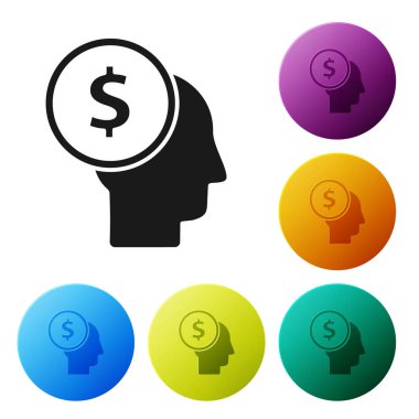 Siyah iş adamı beyaz arka planda izole edilmiş zihin ikonu planlıyor. Dolarlı insan kafası. Para kazanmak için bir fikir. Yatırım artışı. Renkli daire düğmelerini ayarlayın. Vektör İllüstrasyonu