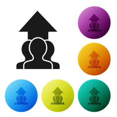 Siyah Büyüme grafiği ve beyaz arka planda izole edilmiş kalabalık ikonu gelişimi. Arrow finansmanı arttır. Başarılı bir iş adamı. Renkli daire düğmelerini ayarlayın. Vektör İllüstrasyonu