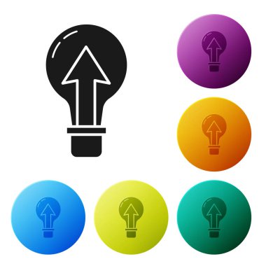 Beyaz arkaplanda siyah ampul simgesi izole edildi. Enerji ve fikir sembolü. Lamba elektrikli. Renkli daire düğmelerini ayarlayın. Vektör İllüstrasyonu