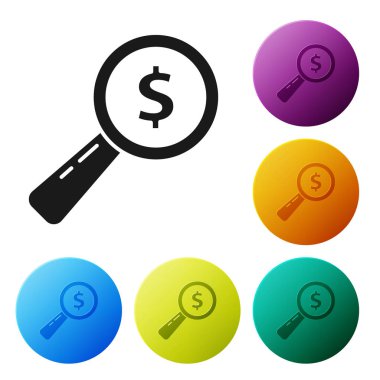 Beyaz arka planda siyah büyüteç ve dolar simgesi var. Para bul. Para arıyorum. Renkli daire düğmelerini ayarlayın. Vektör İllüstrasyonu