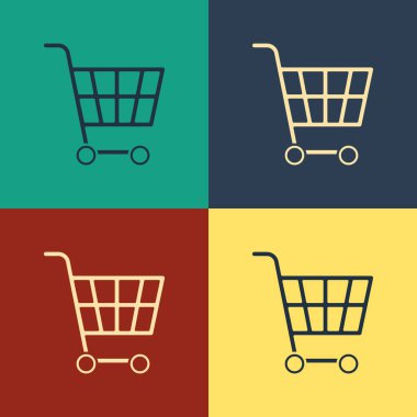 Renkli Alışveriş sepeti simgesi renk arka planda yalıtılmış. Online satın alma konsepti. Teslimat hizmeti işareti. Süpermarket sepeti sembolü. Vintage tarzı çizim. Vektör İllüstrasyonu