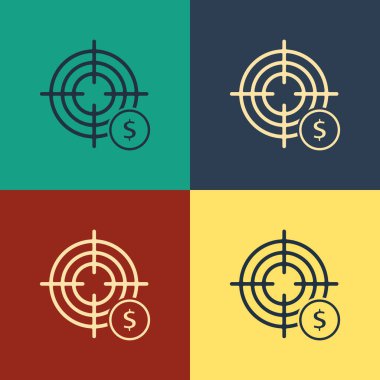 Renk arkaplanında dolar sembolü olan renk hedefi. Yatırım hedef simgesi. Başarılı iş konsepti. Nakit ya da para. Klasik tarzda çizim. Vektör İllüstrasyonu