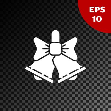 Beyaz Mutlu Noeller zil ikonu, şeffaf karanlık arka planda izole edilmiş. Alarm sembolü, servis zili, el zili işareti, uyarı. Vektör İllüstrasyonu