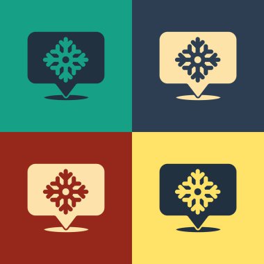 Renk arkaplanında izole edilmiş konuşma baloncuğu simgesi olan Renkli Kar Tanesi. Mutlu Noeller ve mutlu yıllar. Klasik tarzda çizim. Vektör İllüstrasyonu